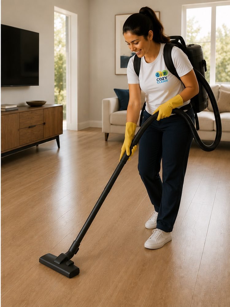 The same living room being vacuumed by the Cozy Clean team