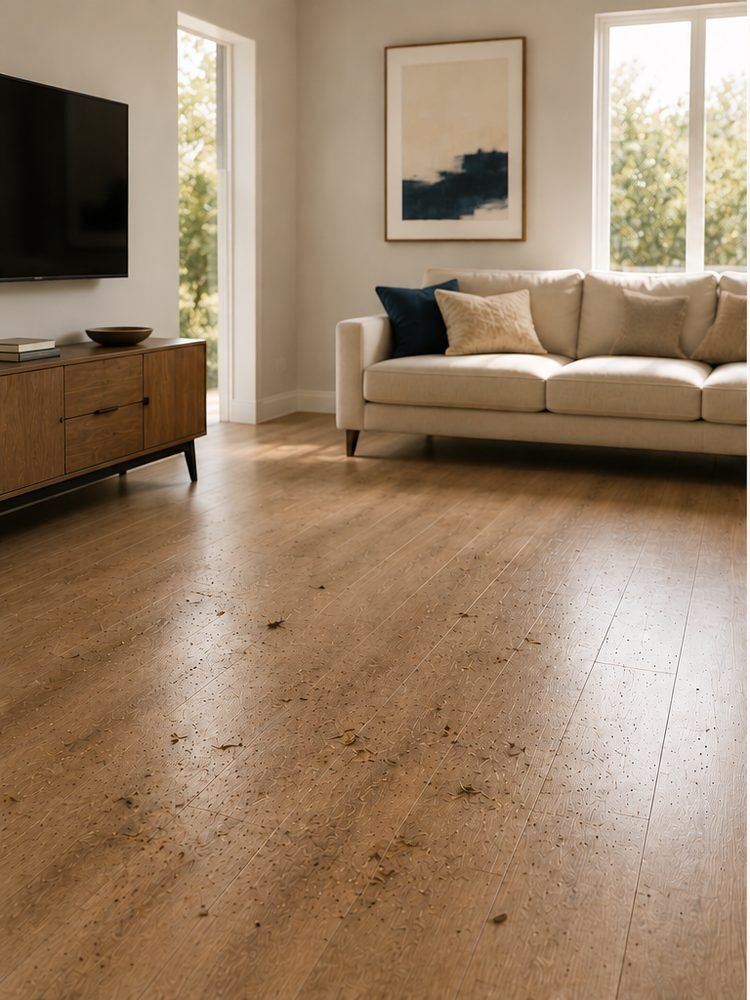 Living room floor with dirt and debris before Cozy Clean service