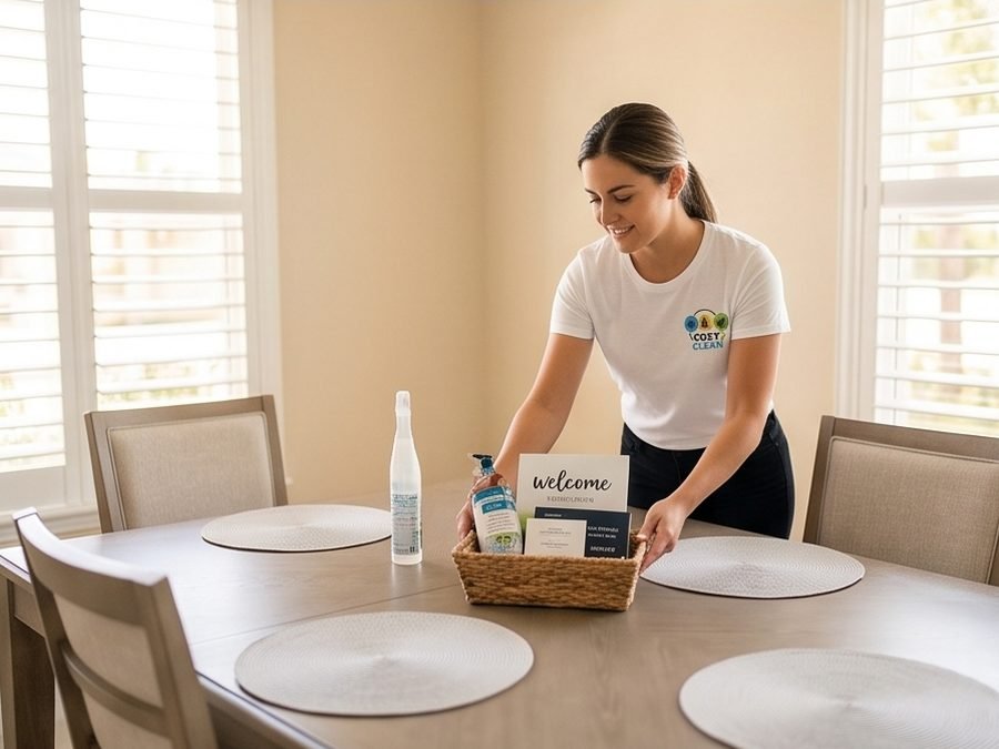 Welcome basket set up for guests after a vacation rental turnover